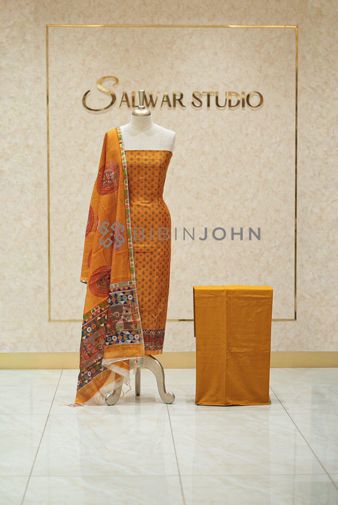 Chanderi Embroidery Unstitched Salwar Suit Material Mustard Orange