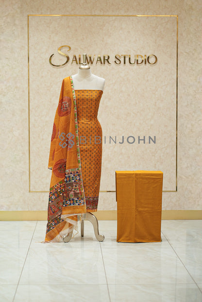 Chanderi Embroidery Unstitched Salwar Suit Material Mustard Orange