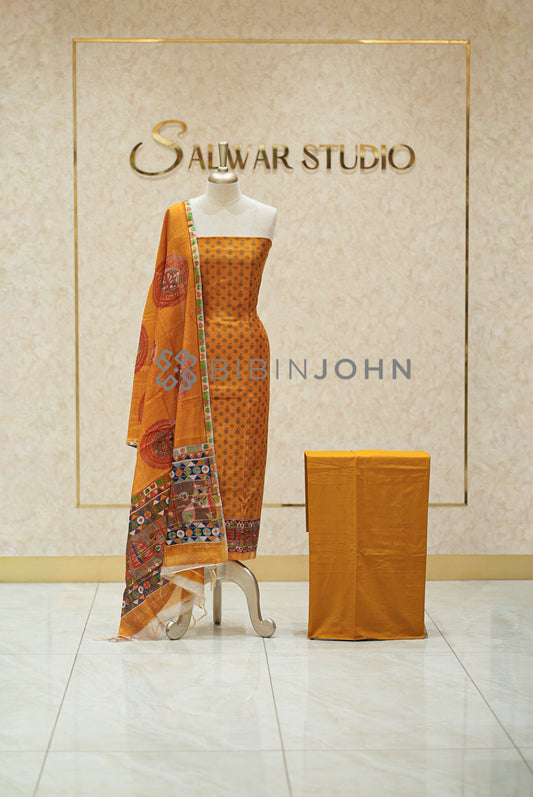 Chanderi Embroidery Unstitched Salwar Suit Material Mustard Orange