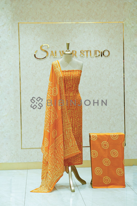 Cotton Hakoba Unstitched Salwar Suit Material Saffron Orange 