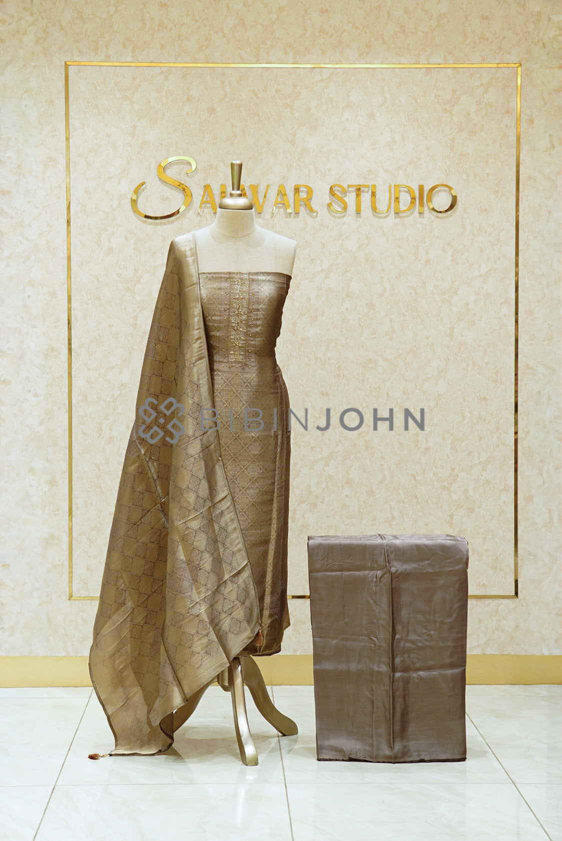 Tissue Embroidery Unstitched Salwar Suit Material Mushroom Taupe 