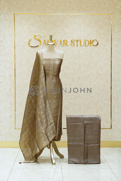 Tissue Embroidery Unstitched Salwar Suit Material Mushroom Taupe 