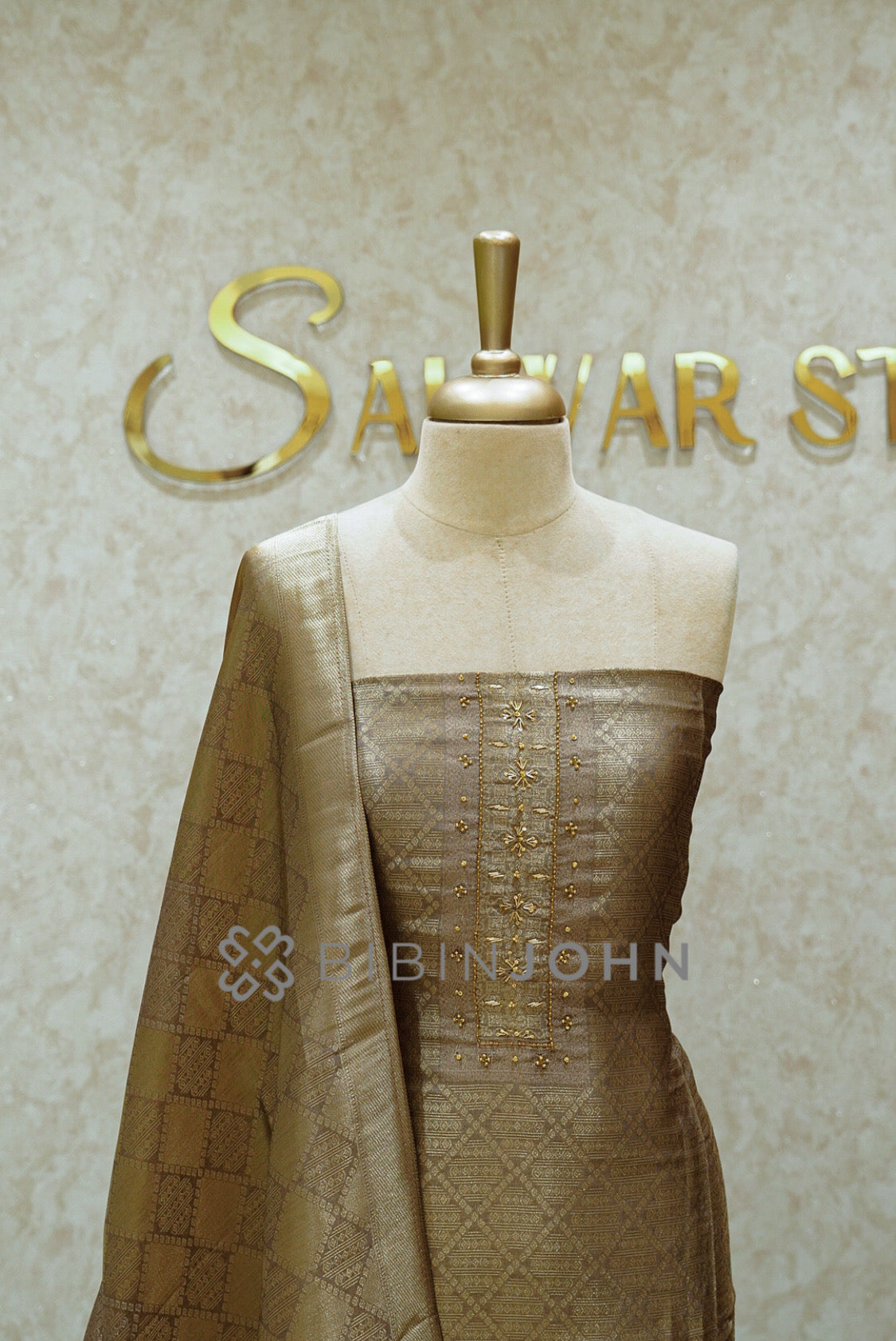 Tissue Embroidery Unstitched Salwar Suit Material Mushroom Taupe  CLOSE VIEW