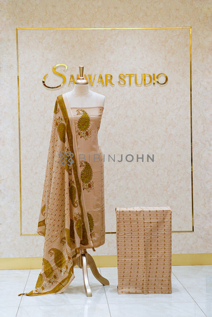 Cotton Unstitched Salwar Suit Material Ivory-Beige  