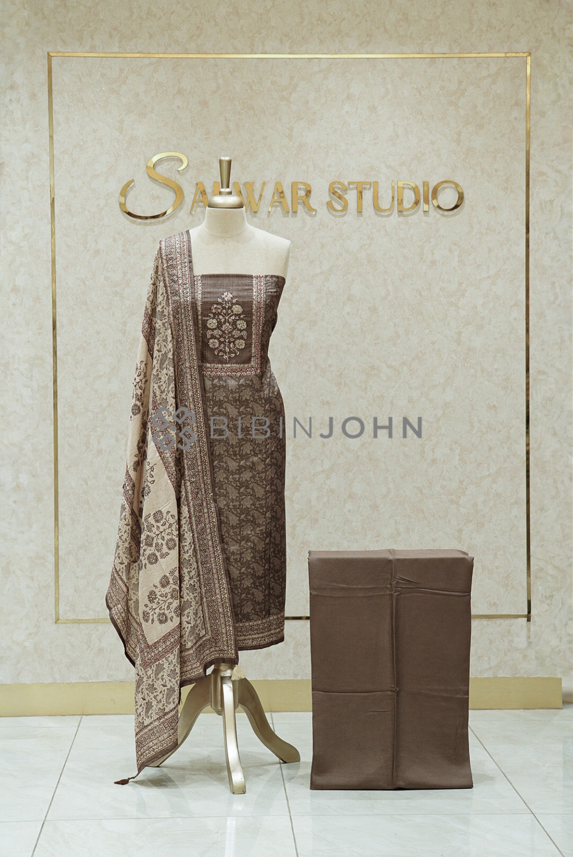 Semi Silk Embroidery Unstitched Salwar Suit Material Cocoa Taupe Brown