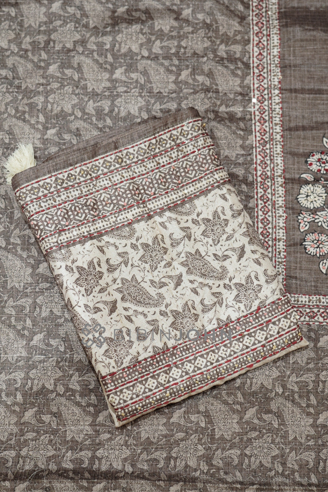 Semi Silk Embroidery Unstitched Salwar Suit Material Cocoa Taupe Brown dupatta