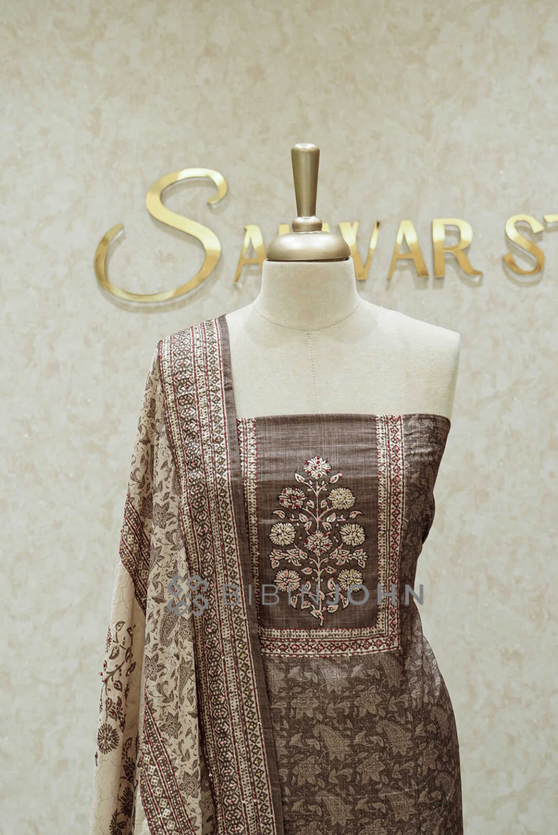 Semi Silk Embroidery Unstitched Salwar Suit Material Cocoa Taupe Brown close view