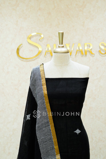 Linen Jamdani Unstitched Salwar Suit Material Black  CLOSE VIEW