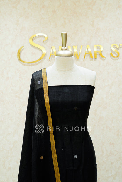 Linen Jamdani Unstitched Salwar Suit Material Black  CLOSE VIEW