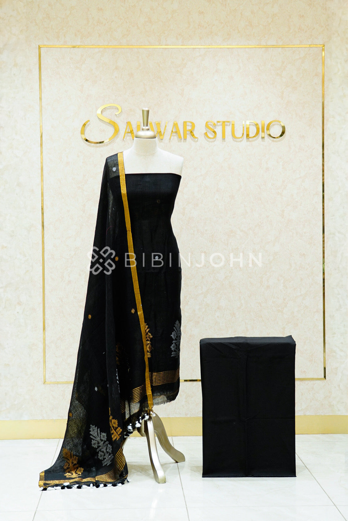 Linen Jamdani Unstitched Salwar Suit Material Black 