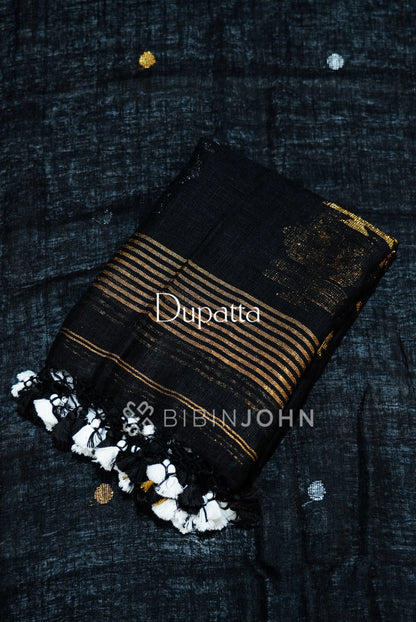 Linen Jamdani Unstitched Salwar Suit Material Black DUPATTA