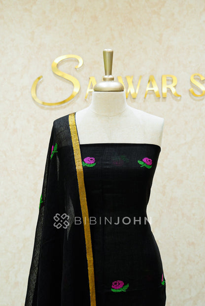 Linen Jamdani Unstitched Salwar Suit Material Black CLOSE VIEW