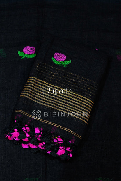 Linen Jamdani Unstitched Salwar Suit Material Black DUPATTA