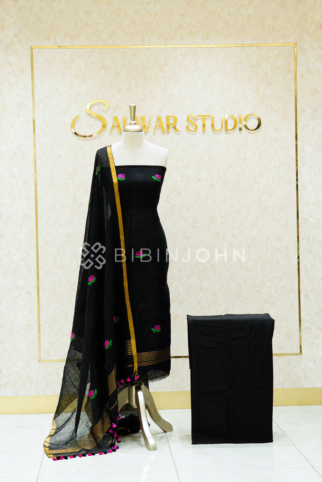 Linen Jamdani Unstitched Salwar Suit Material Black 