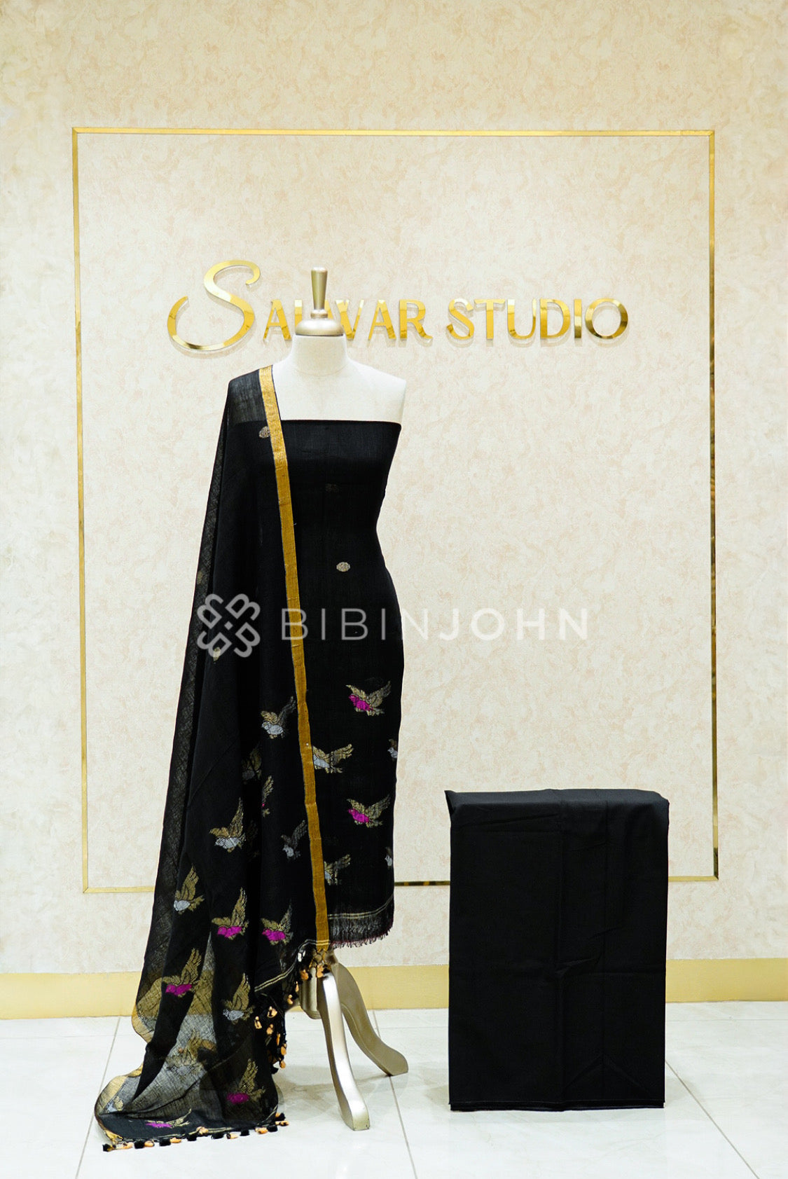 Linen Jamdani Unstitched Salwar Suit Material Black 