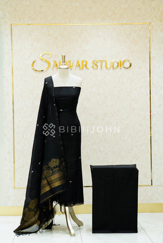 Linen Jamdani Unstitched Salwar Suit Material Black 