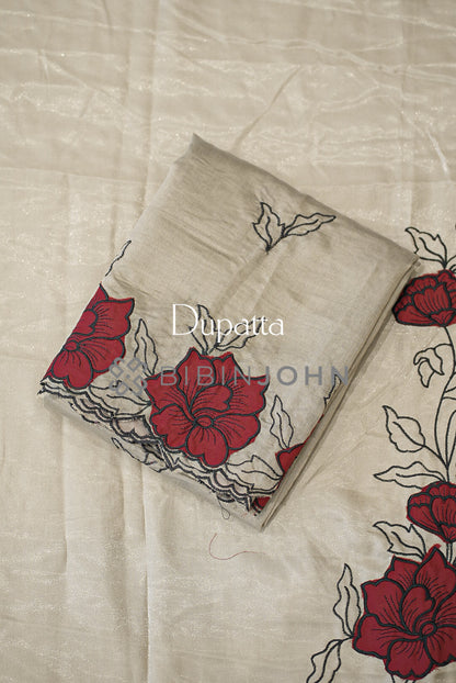 Silk Embroidery Unstitched Salwar Suit Material Beige Grey  dupatta