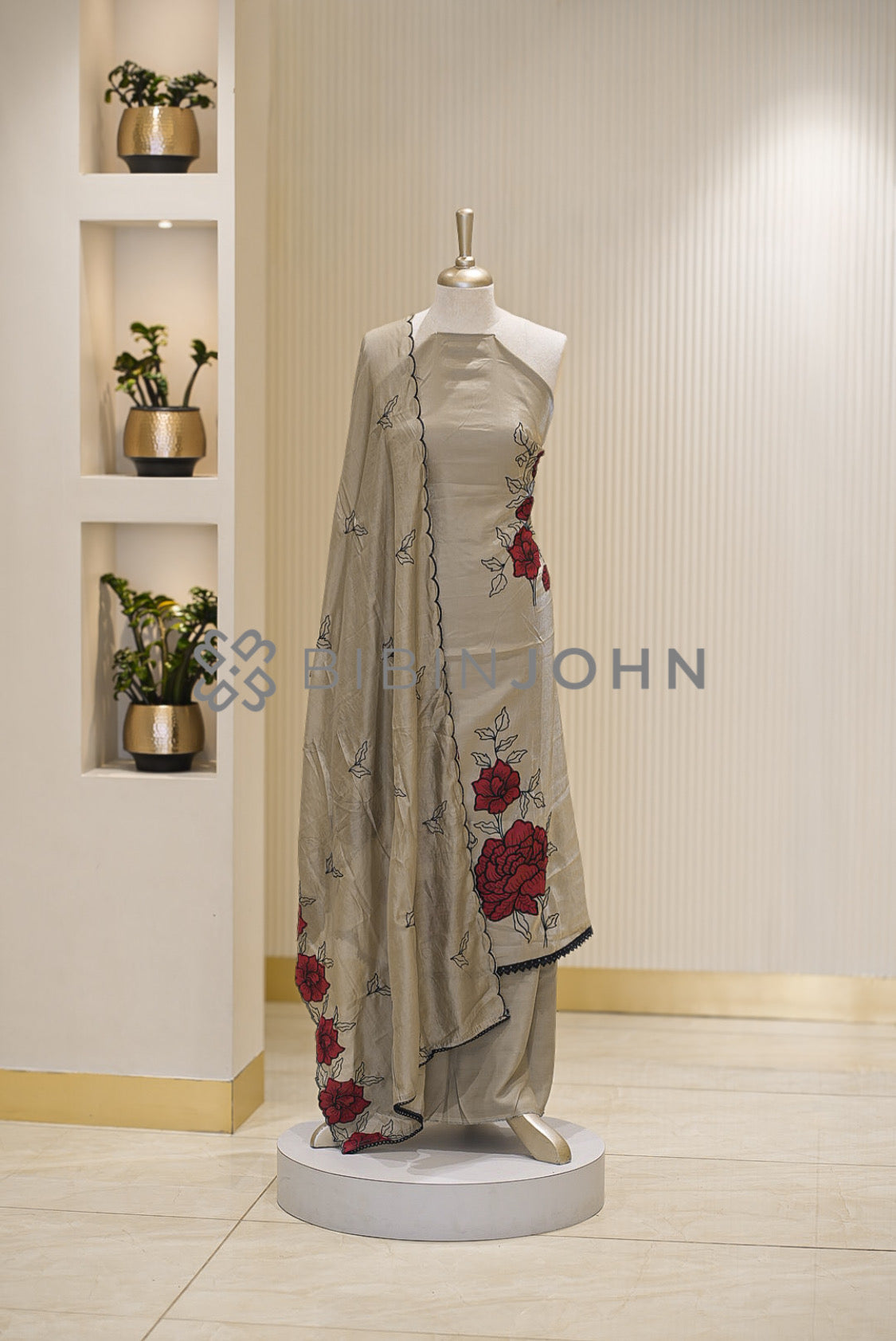 Silk Embroidery Unstitched Salwar Suit Material Beige Grey 