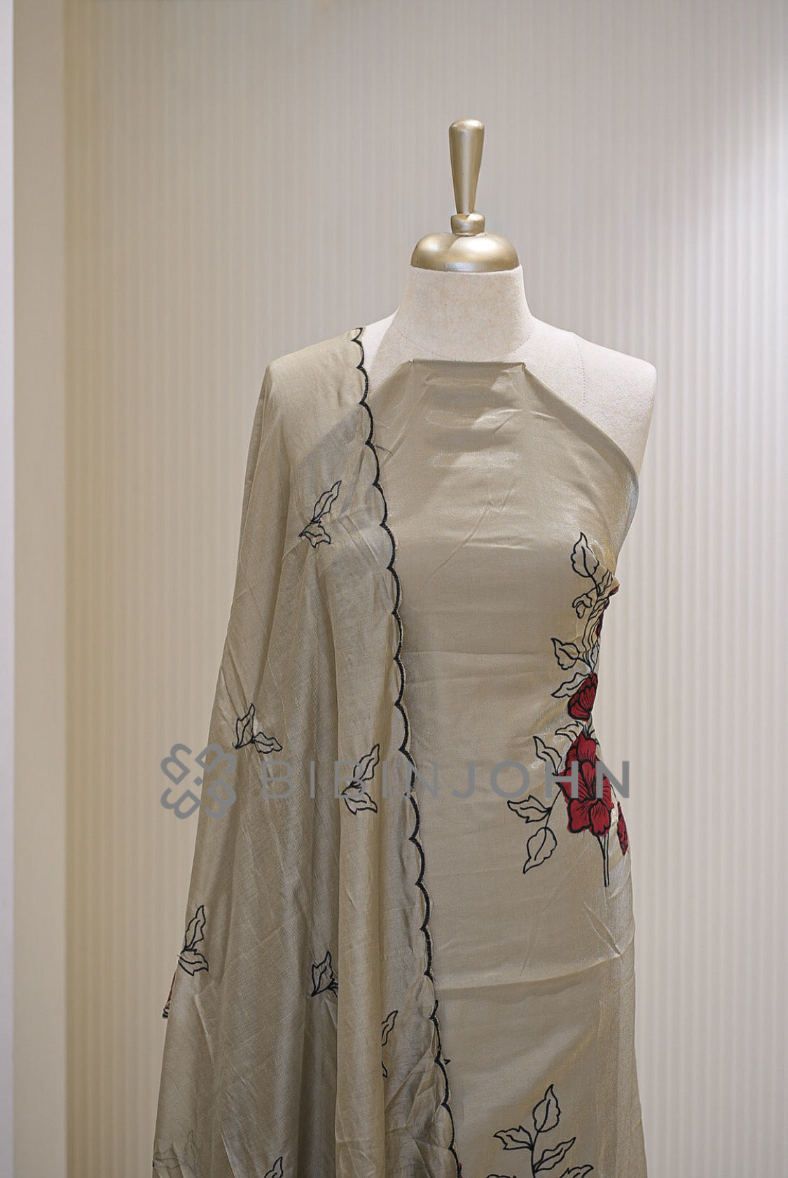 Silk Embroidery Unstitched Salwar Suit Material Beige Grey  close view