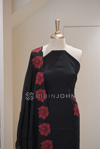 Silk Embroidery Unstitched Salwar Suit Material Black  close view