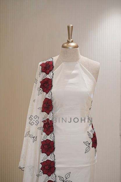 Silk Embroidery Unstitched Salwar Suit Material White close view