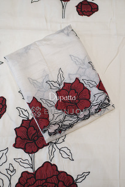 Silk Embroidery Unstitched Salwar Suit Material White dupatta