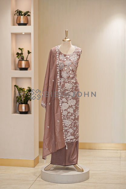 Muslin Embroidery Semi Stitched Salwar Suit Material Dusty Mocha Brown