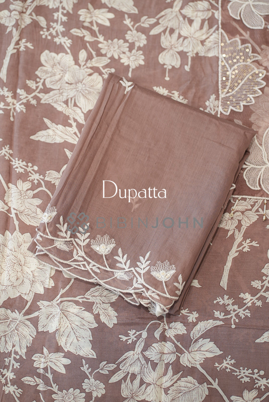 Muslin Embroidery Semi Stitched Salwar Suit Material Dusty Mocha Brown dupatta