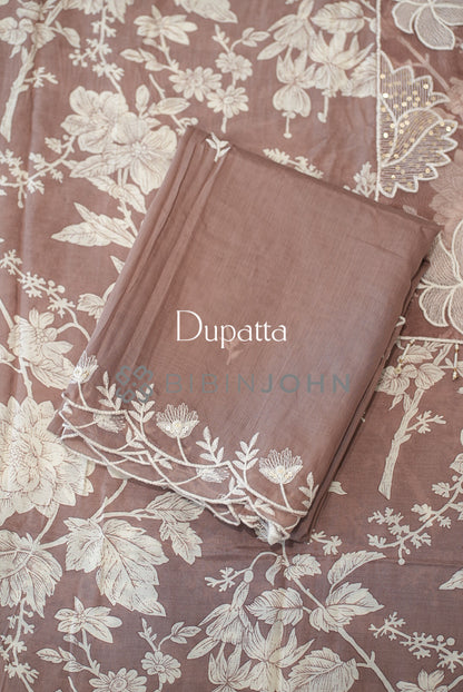 Muslin Embroidery Semi Stitched Salwar Suit Material Dusty Mocha Brown dupatta
