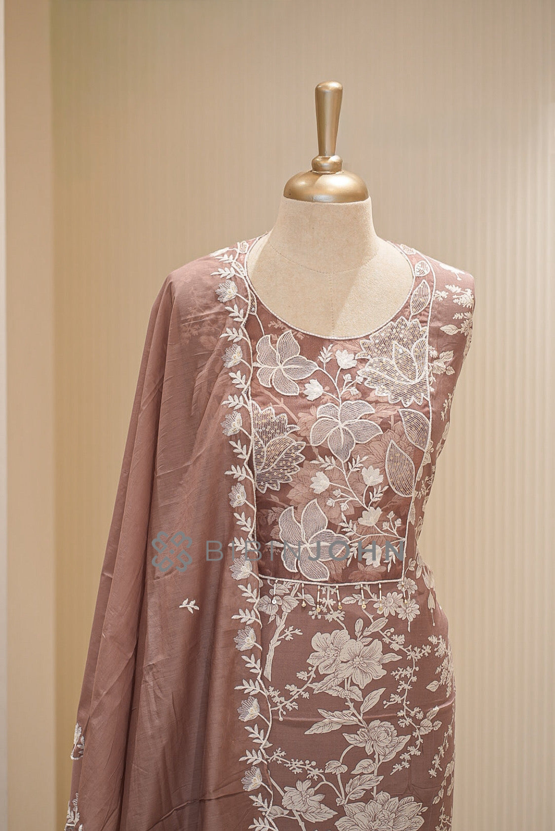 Muslin Embroidery Semi Stitched Salwar Suit Material Dusty Mocha Brown close view