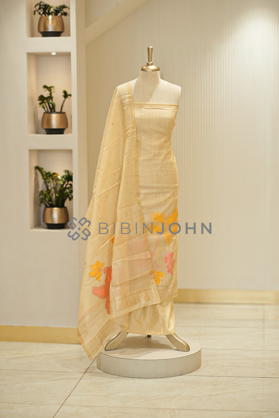 Chanderi Jamdani Unstitched Salwar Suit Material Ivory Cream