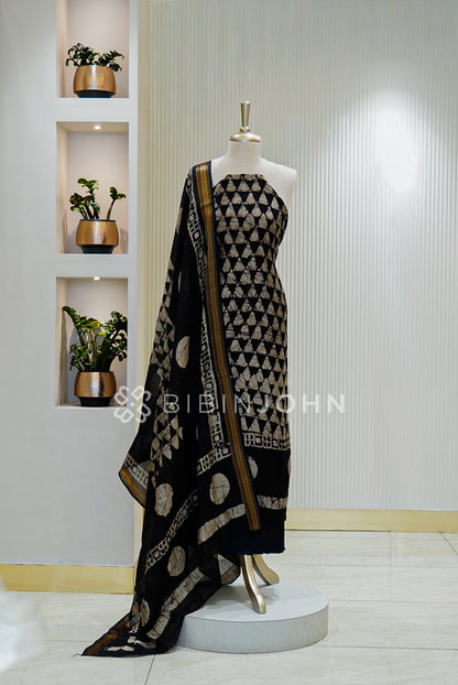 Printed Chanderi Unstitched Salwar Suit Material Black
