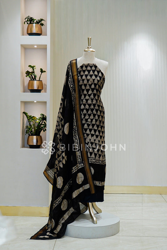 Printed Chanderi Unstitched Salwar Suit Material Black