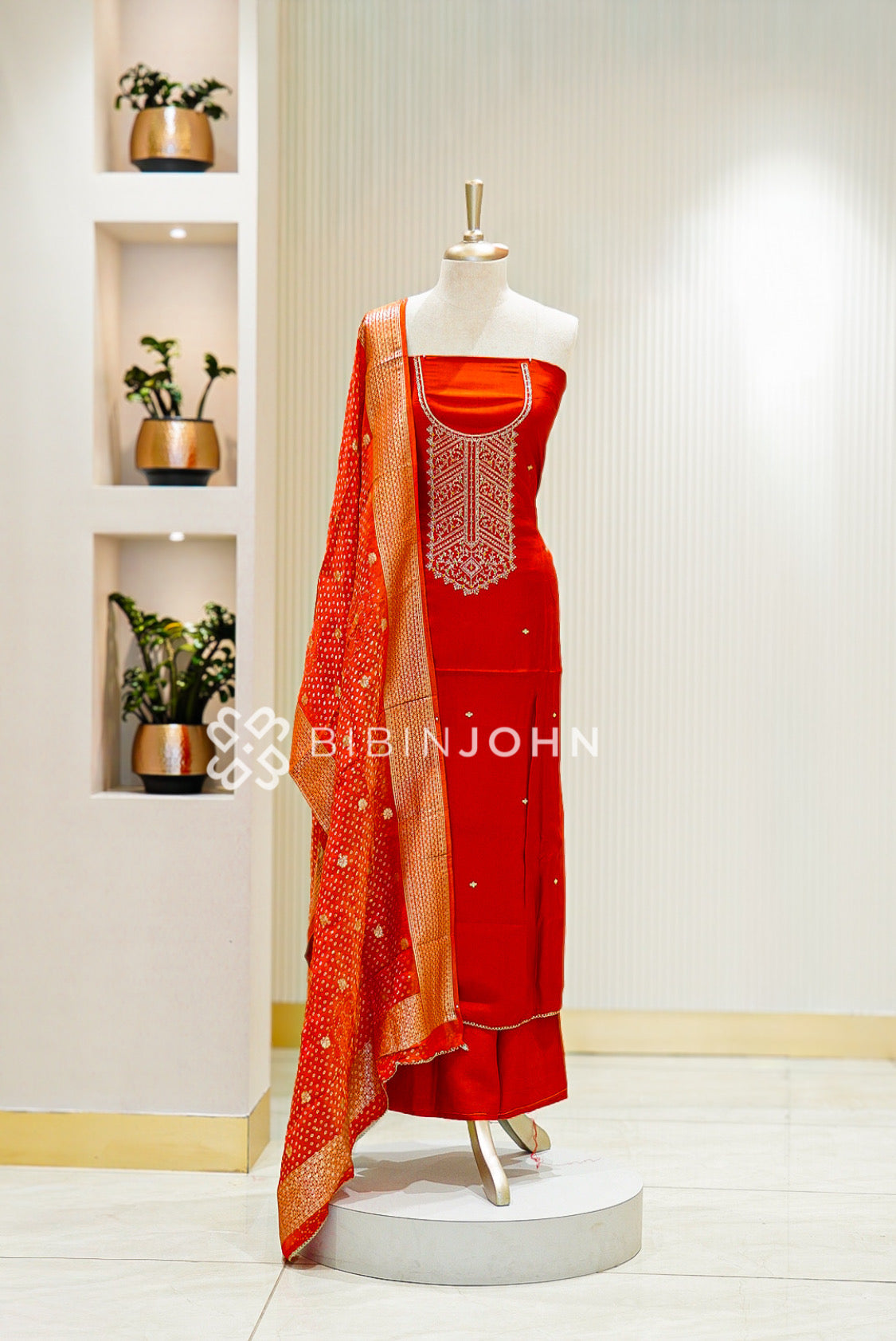 Semi Silk Embroidery Unstitched Salwar Suit Material Rust Orange