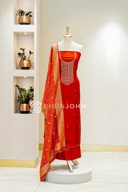Semi Silk Embroidery Unstitched Salwar Suit Material Rust Orange