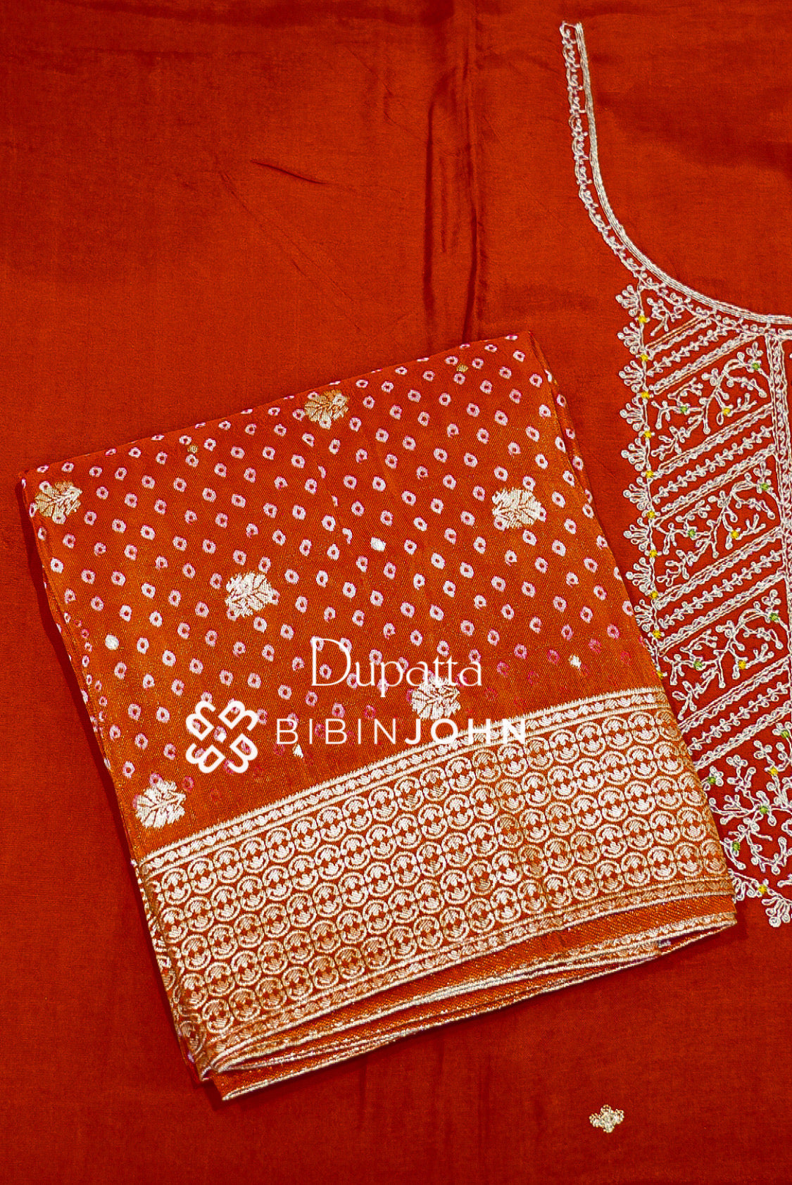 Semi Silk Embroidery Unstitched Salwar Suit Material Rust Orange DUPATTA