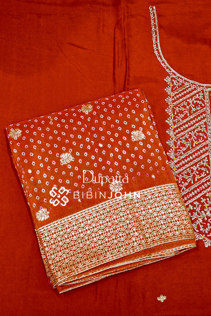 Semi Silk Embroidery Unstitched Salwar Suit Material Rust Orange DUPATTA