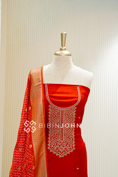 Semi Silk Embroidery Unstitched Salwar Suit Material Rust Orange CLOSE VIEW