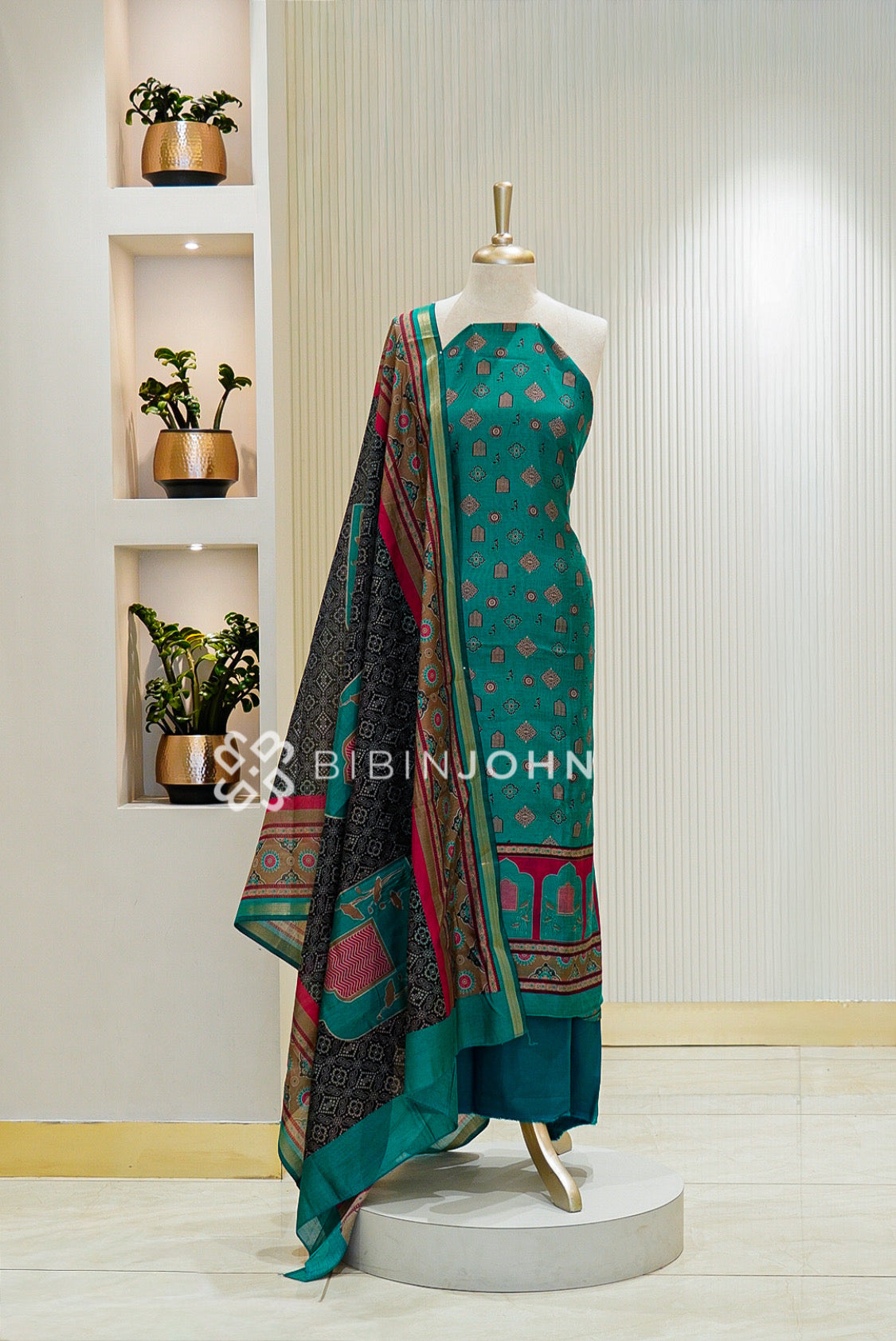 Printed Chanderi Unstitched Salwar Suit Material Teal Green 