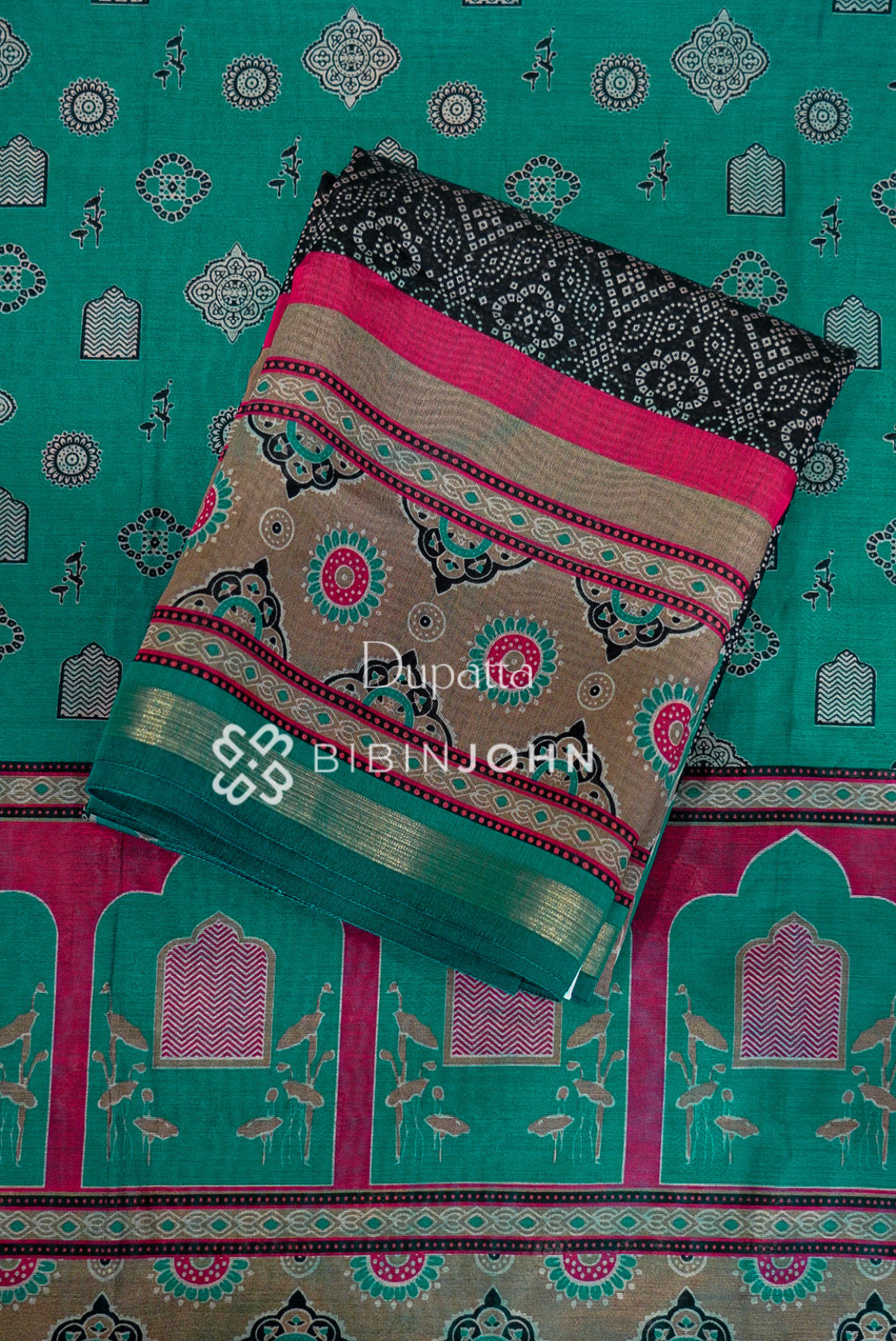 Printed Chanderi Unstitched Salwar Suit Material Teal Green  DUPATTA