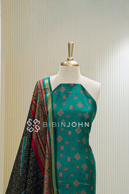 Printed Chanderi Unstitched Salwar Suit Material Teal Green  CLOSE VIEW
