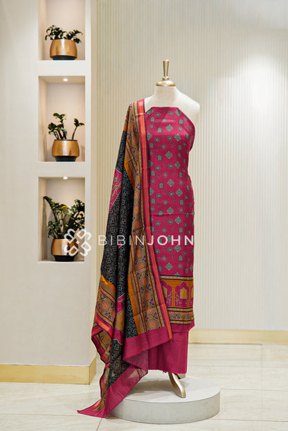 Printed Chanderi Unstitched Salwar Suit Material Magenta Pink