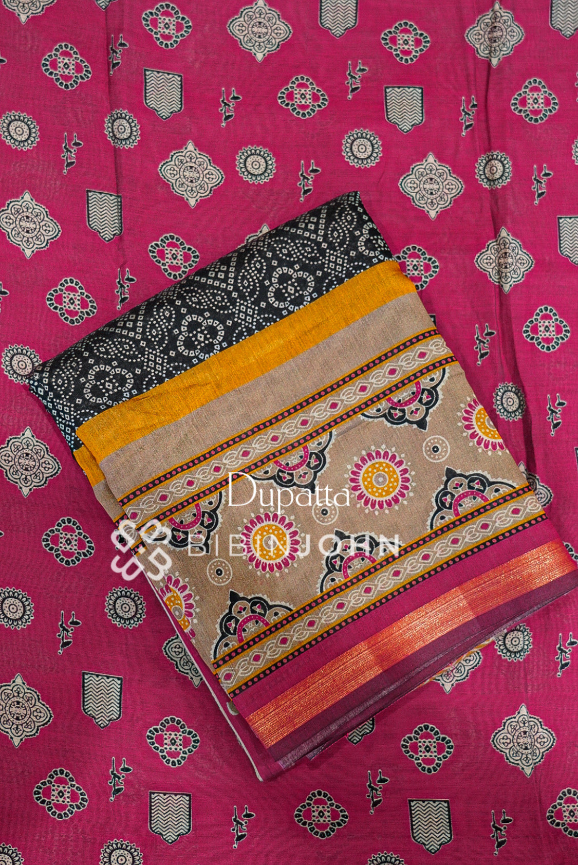 Printed Chanderi Unstitched Salwar Suit Material Magenta Pink DUPATTA