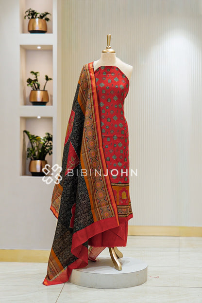 Printed Chanderi Unstitched Salwar Suit Material Rust Orange