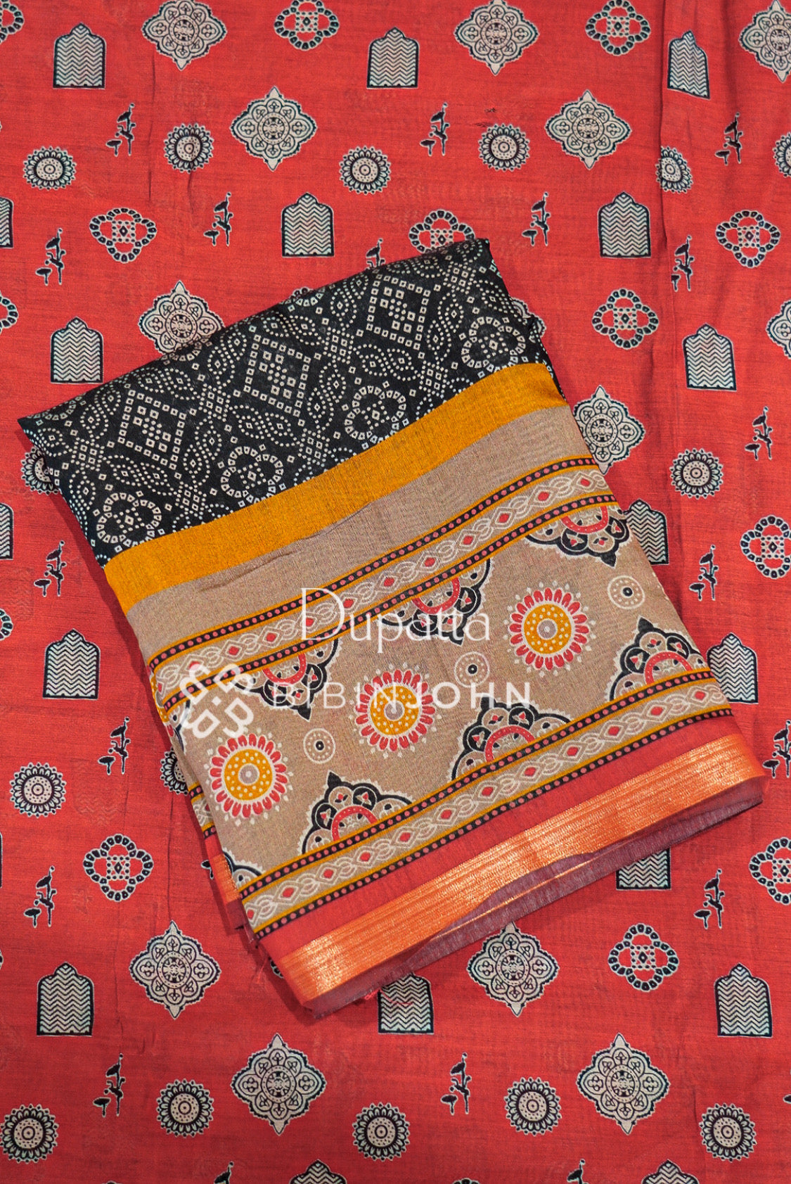 Printed Chanderi Unstitched Salwar Suit Material Rust Orange DUPATTA