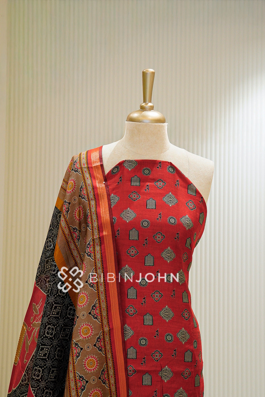 Printed Chanderi Unstitched Salwar Suit Material Rust Orange CLOSE VIEW