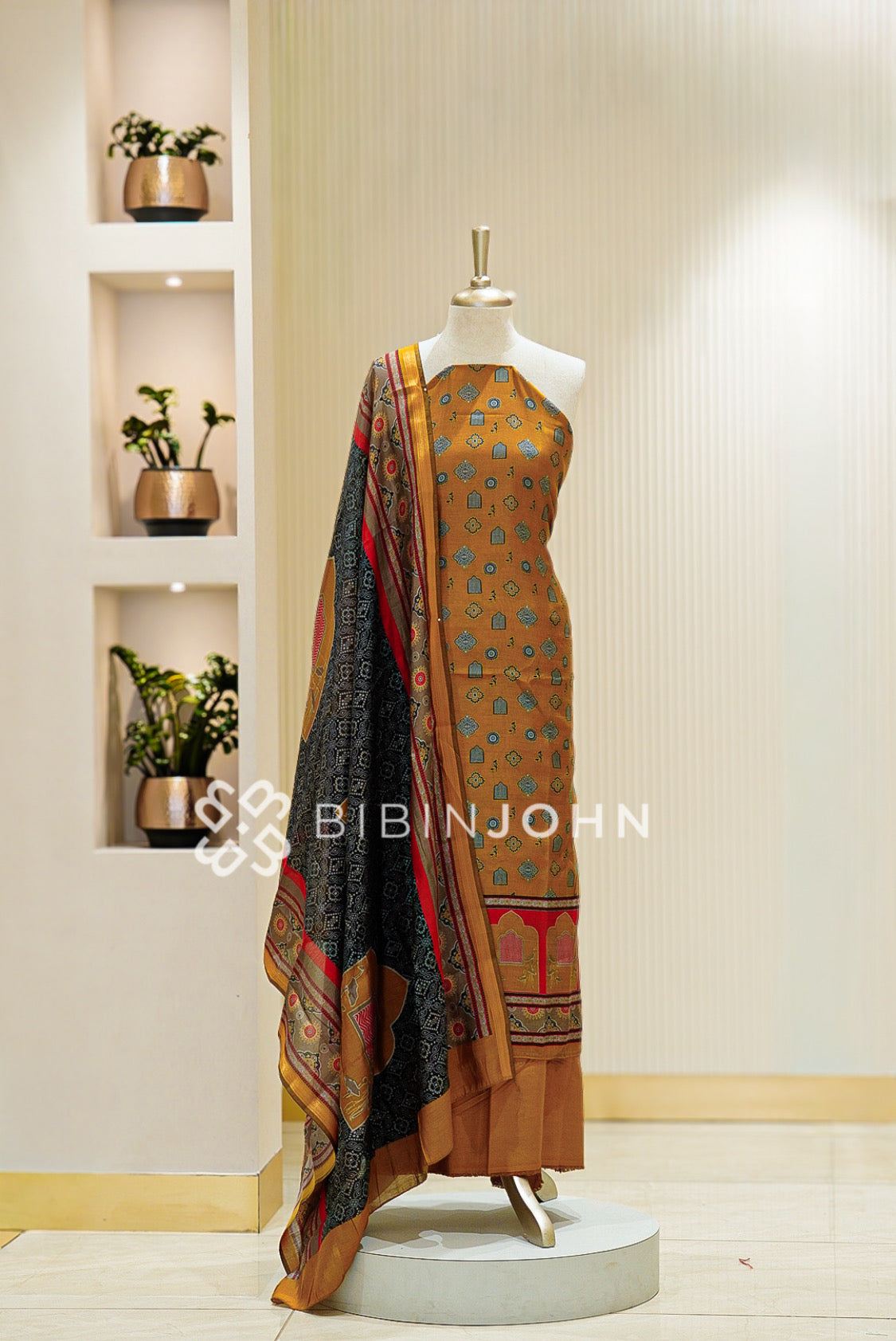 Printed Chanderi Unstitched Salwar Suit Material Mustard 