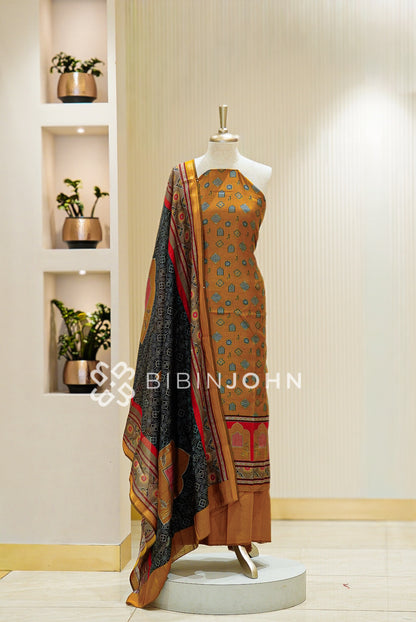 Printed Chanderi Unstitched Salwar Suit Material Mustard 