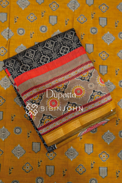 Printed Chanderi Unstitched Salwar Suit Material Mustard DUPATTA