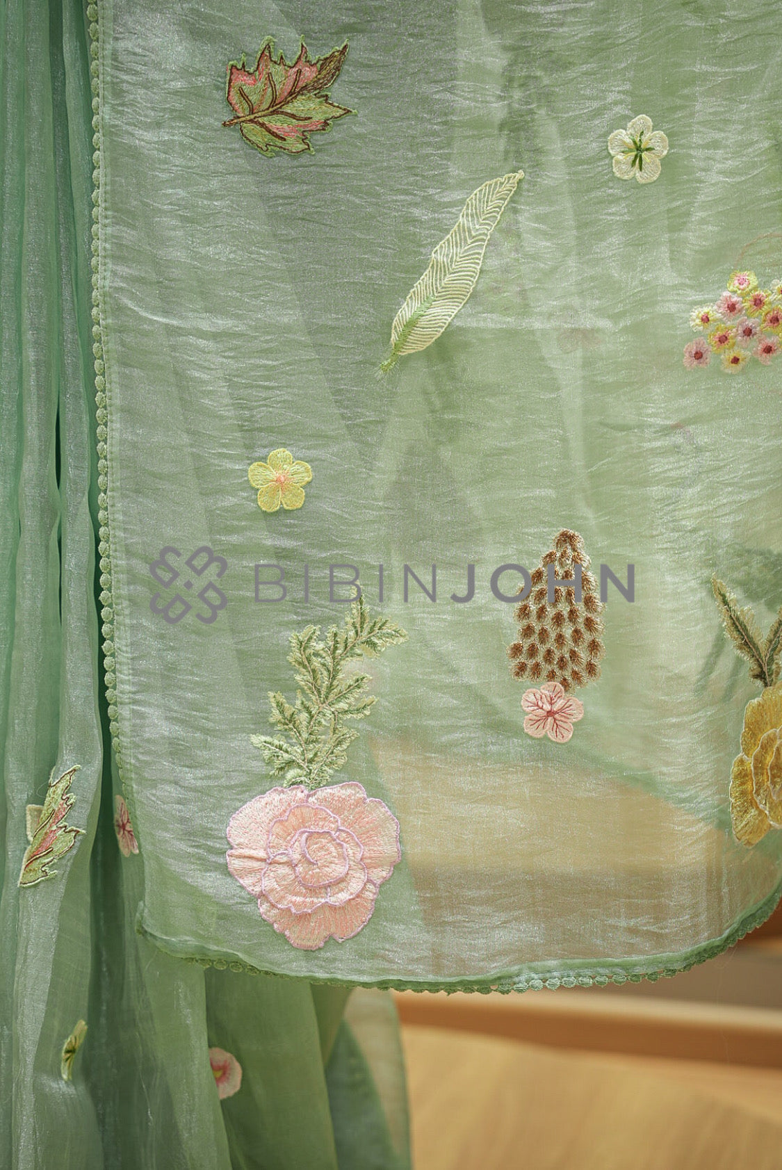 Tissue Organza Embroidery Saree For Women Mint Green PALLU